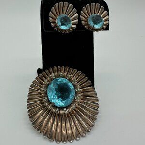 Vintage Blue Glass and Rhinestone Brooch and Earring Set